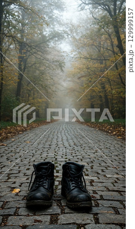 A pair of old, mud-covered black leather boots rests on a cobblestone path stretching into a dense, misty autumn forest with golden foliage. 129999157