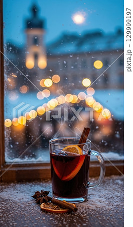 A steaming mug of festive mulled wine, garnished with an orange slice and cinnamon stick, sits on a snowy windowsill overlooking a blurred winter city scene with warm bokeh lights. 129999197