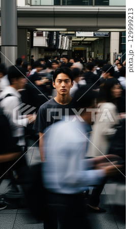 A young Asian man stands still in sharp focus amidst a blurred, bustling urban crowd, creating a dynamic contrast of motion and stillness in a modern city setting. 129999213