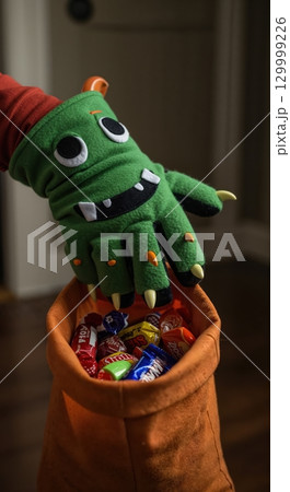 A vibrant green monster glove with sharp claws reaching into an orange fabric bag overflowing with colorful wrapped candies in a dimly lit setting. 129999226