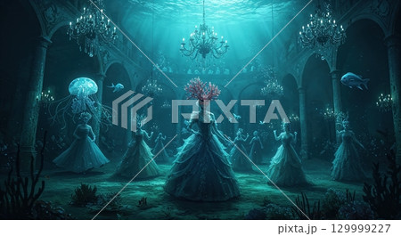 A wide-angle cinematic view of an ethereal underwater ballroom featuring masked figures in elegant gowns, ornate chandeliers, and swimming fish under sunlit depths. 129999227
