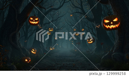 A first-person perspective journey down a narrow path through a dark, misty forest illuminated by numerous glowing carved pumpkins with spooky faces, creating an eerie Halloween scene. 129999258