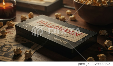 A dusty old VHS tape labeled "HALLOWEEN" rests on a dark wooden table, surrounded by scattered popcorn, a warm glowing candle, and vintage papers, creating a moody, nostalgic atmosphere. 129999292