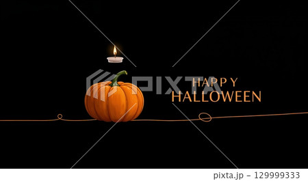 A simple Halloween greeting card design presents an orange pumpkin with a green stem, a glowing candle, and "HAPPY HALLOWEEN" text against a deep black background. A simple Halloween greeting card design presents an orange pumpkin with a green stem, a glowing candle, and "HAPPY HALLOWEEN" text against a deep black background. 129999333