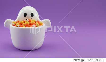 A playful white ceramic ghost-shaped bowl filled with colorful candy corn sits on a vibrant purple background, offering a cheerful Halloween treat with ample copy space. 129999360