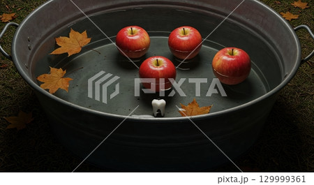 Four shiny red apples, several golden maple leaves, and a stark white tooth float in a vintage galvanized metal basin filled with water, set against a dark, textured outdoor background. 129999361