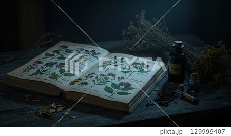 An antique botanical book with colorful plant illustrations lies open on a dark wooden table surrounded by dried herbs, small bottles, and dim, mysterious lighting. 129999407