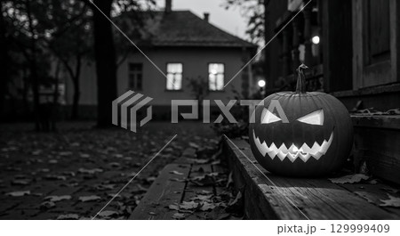 A glowing carved pumpkin with jagged teeth and triangular eyes sits on old wooden steps in front of a dimly lit house at twilight, captured in black and white. 129999409