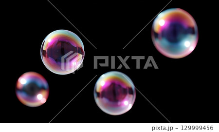 黒背景に漂う虹色のシャボン玉 鮮やかな反射の泡 黒背景に漂う虹色のシャボン玉 鮮やかな反射の泡 129999456
