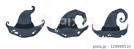 Cartoon magician hats. Halloween witch pointy hats, trick or treat october party magic costume element flat vector illustration set. Spooky thorn wizard hats on white 129999510