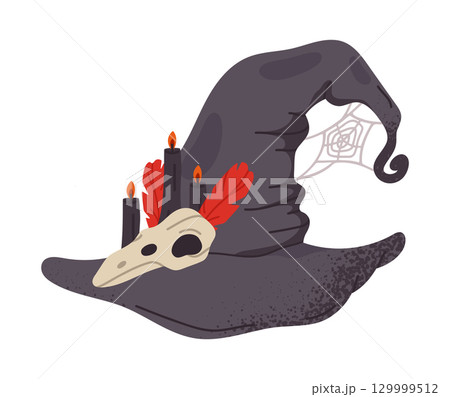 Cartoon witch hat. Halloween pointy hat with bird skull and feathers decoration, trick or treat october party wizard costume element flat vector illustration. Magician spooky hat on white Cartoon witch hat. Halloween pointy hat with bird skull and feathers decoration, trick or treat october party wizard costume element flat vector illustration. Magician spooky hat on white 129999512
