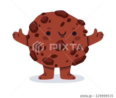 Cookie character. Cartoon chocolate chip cookie with cute face, oatmeal biscuit character flat vector illustration. Comic cookie mascot with funny emotions 129999515
