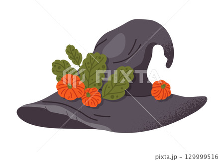 Halloween party magician hat. Cartoon witch pointy hat with pumpkins decoration, trick or treat october party wizard costume element flat vector illustration. Decorated wizard hat on white Halloween party magician hat. Cartoon witch pointy hat with pumpkins decoration, trick or treat october party wizard costume element flat vector illustration. Decorated wizard hat on white 129999516