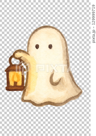 水彩畫的鬼魂拿著燈籠萬聖節之夜的氣氛 129999719