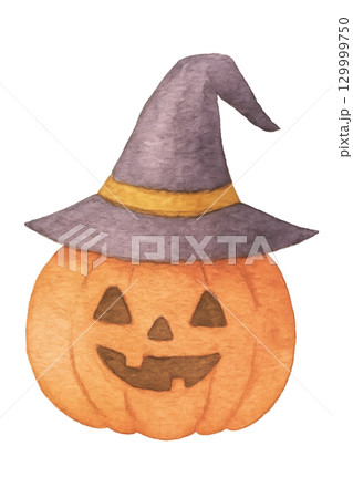 ハロウィンかぼちゃと魔女の帽子の水彩イラスト キャラクター素材 129999750