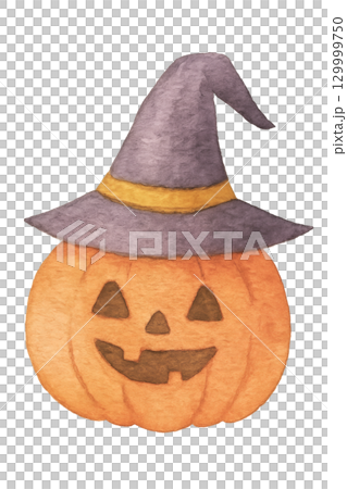 ハロウィンかぼちゃと魔女の帽子の水彩イラスト キャラクター素材 129999750
