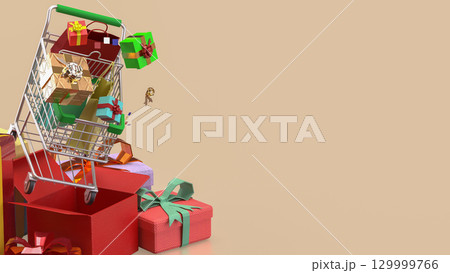 The Shopping Cart and Gift box for Holiday promotion concept 3d Rendering. 129999766