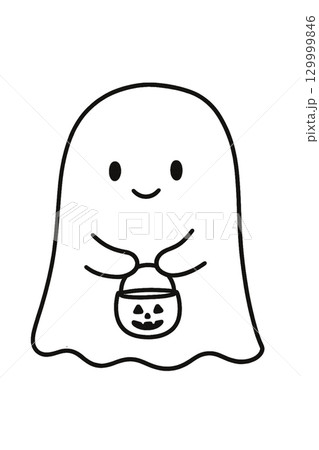 お菓子バケツを持つかわいいおばけイラスト ハロウィン線画素材 129999846