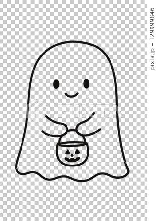 お菓子バケツを持つかわいいおばけイラスト ハロウィン線画素材 129999846
