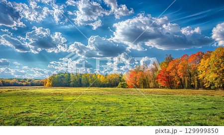 秋の草原と紅葉林 青空と雲の風景イラスト（水彩風）のイラスト素材