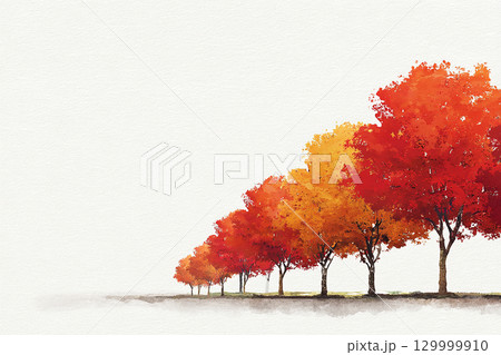 紅葉した並木道の秋風景 水彩風イラスト 背景素材 129999910