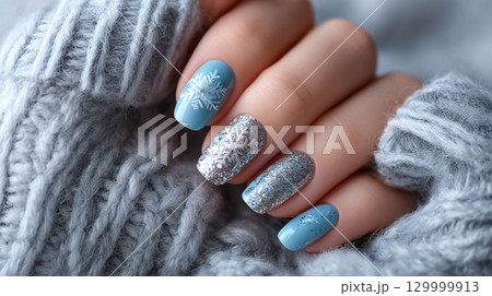 Elegant winter nail art featuring blue and silver designs with intricate snowflake patterns 129999913