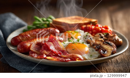Traditional Full English Breakfast on a White Plate	 129999947