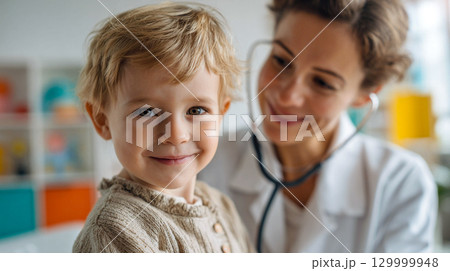 Young boy smiling during a medical check-up with a caring female doctor in a bright clinic	 129999948