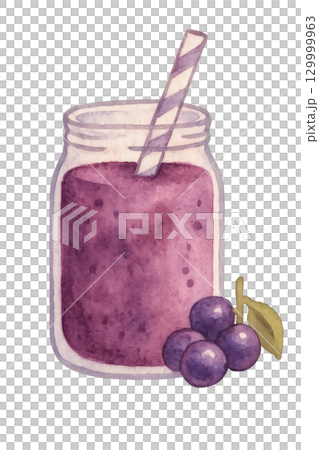 紫色玻璃冰沙果汁飲品的水彩插圖 紫色玻璃冰沙果汁飲品的水彩插圖 129999963
