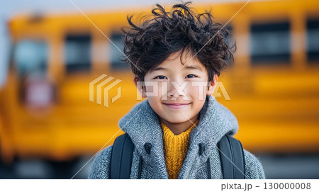 Asian schoolboy wearing a backpack, standing in front of a bright yellow school bus	 130000008