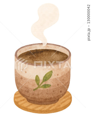 湯気の立つほうじ茶　和風茶碗に入ったお茶の水彩イラスト 130000042