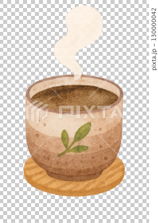 湯気の立つほうじ茶　和風茶碗に入ったお茶の水彩イラスト 130000042
