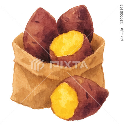 焼き芋と紙袋の水彩イラスト PNG 透過背景 130000166