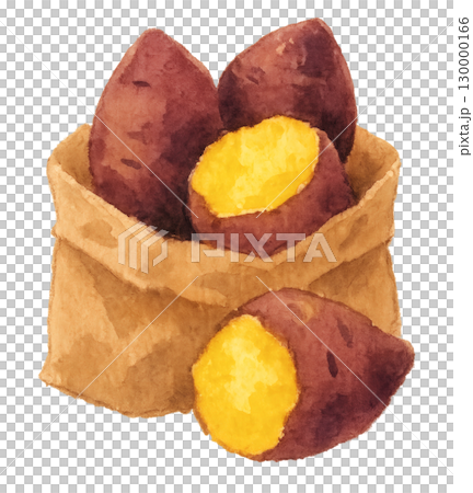 焼き芋と紙袋の水彩イラスト PNG 透過背景 130000166