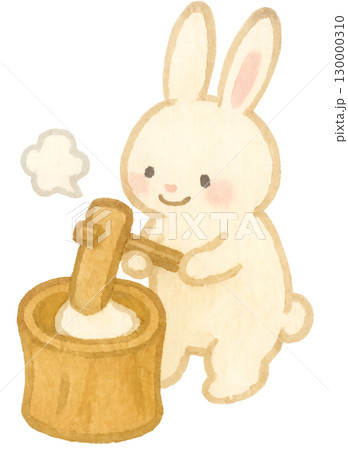 うさぎの餅つき 水彩イラスト PNG透過背景 130000310