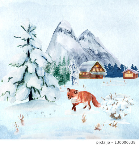 Fox on snowy field, pine tree with snow, cozy wooden cabins with glowing windows, mountain forest. Hand-painted watercolor winter scene great for Christmas cards, seasonal posters, winter landscapes Fox on snowy field, pine tree with snow, cozy wooden cabins with glowing windows, mountain forest. Hand-painted watercolor winter scene great for Christmas cards, seasonal posters, winter landscapes 130000339