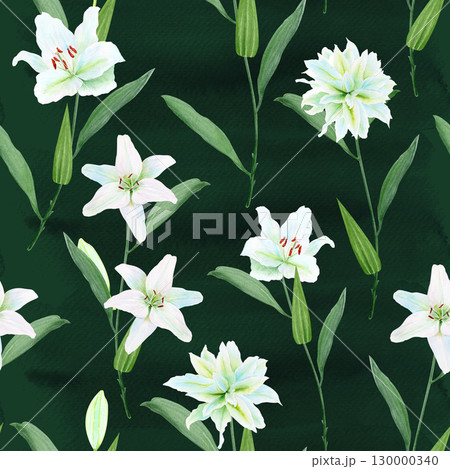 White lily flowers with green stems watercolor seamless pattern on black background. High quality clip art perfect for cards, posters, stickers, Easter, christening spring, mother's day, wedding cards White lily flowers with green stems watercolor seamless pattern on black background. High quality clip art perfect for cards, posters, stickers, Easter, christening spring, mother's day, wedding cards 130000340