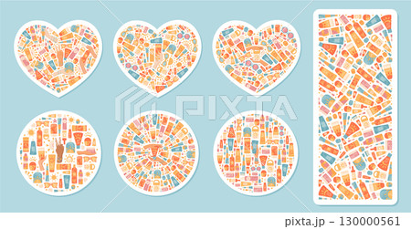 Cartoon sticker set of sunscreen, sunblock and spf bottle shapes, with cream, lotion, spray and tube container. Banner design for sun care product concept shows cosmetic packaging, perfect for summer 130000561