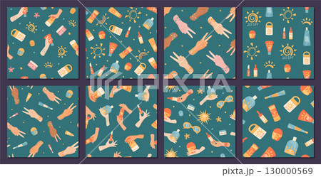 Flat seamless pattern with sunscreen bottle, lotion and cream tube in set. Sunblock spray as two bottle shapes for spf sun protection. Summer cosmetic product ideal for care, textile or packaging. 130000569