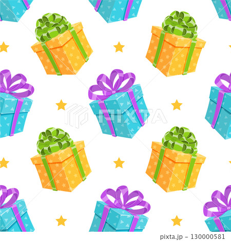 Cartoon present and gift box seamless pattern. Festive birthday celebration features colorful surprise packages with ribbon. Ideal for cheerful party background themes. Cartoon present and gift box seamless pattern. Festive birthday celebration features colorful surprise packages with ribbon. Ideal for cheerful party background themes. 130000581