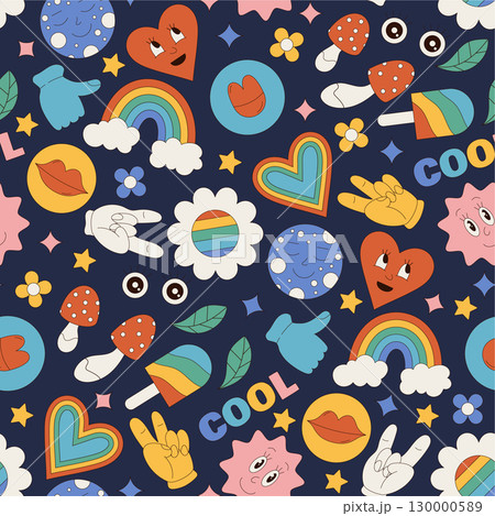 Groovy retro seamless pattern forms a colorful and funky background with playful happy shapes. Y2k and cool elements add a cheerful mood, creating trendy vintage surface for modern uses. 130000589
