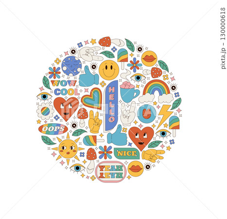 Groovy y2k circle with colorful sticker smiley and flower accents. Heart, rainbow and sun cartoon shapes enhance the funky retro background concept. Playful mood, modern pop style art. 130000618