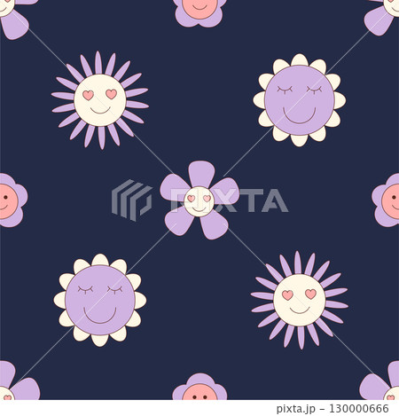 Groovy y2k seamless flower pattern with happy smile and heart face in cute cartoon graphic style. Colorful retro background for playful and trendy wallpaper or creative print use. 130000666