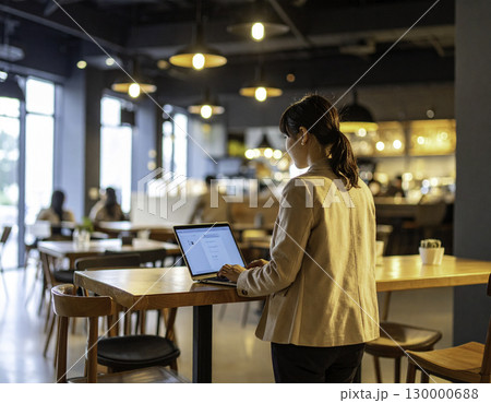 カフェでノートパソコンを使う女性の後ろ姿 130000688