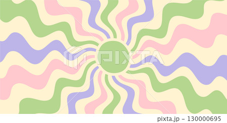 Groovy retro pastel burst background with abstract flat sun and wavy sunshine. Y2k graphic in horizontal format, vintage decorative style for contemporary design uses. Groovy retro pastel burst background with abstract flat sun and wavy sunshine. Y2k graphic in horizontal format, vintage decorative style for contemporary design uses. 130000695