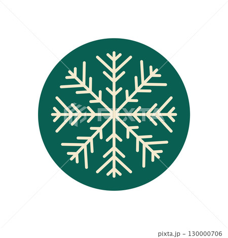 Round green label with snow flake outline in white, perfect for winter holiday and xmas box. This badge ornament element uses a simple outline for christmas or seasonal packaging uses. 130000706