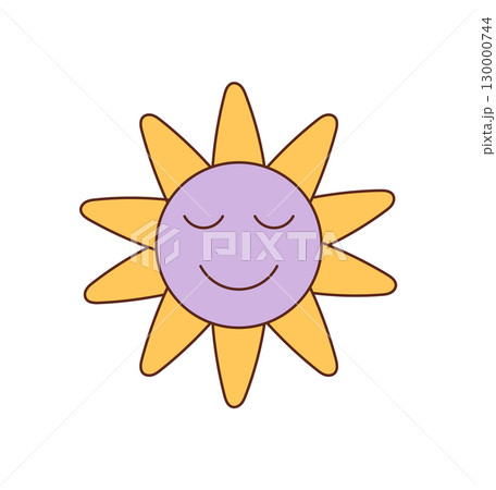 Groovy retro flower sun with cartoon face and happy smile. Cute yellow element with y2k style for fun, positive mood. Playful and artistic groovy element ideal for graphic creative projects. 130000744