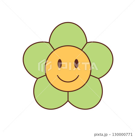 Groovy retro flower smile sticker cartoon with happy cute pop style in soft yellow color. Groovy element and y2k cartoon, ideal as playful happy pop sticker or cheerful decorative flower accent. 130000771