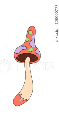 Groovy mushroom sticker in colorful and psychedelic cartoon graphic style. Fun trippy shroom with magic retro groove, vibrant retro look, groovy element and energetic visual format for creative modern 130000777