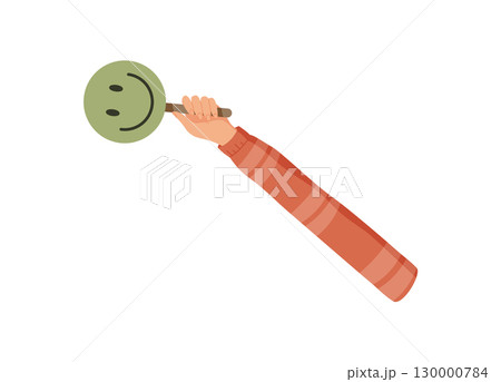 Cartoon style hand holding a feedback circle. Hand gesture presenting satisfaction and opinion with a positive review symbol. Isolated element ideal for rating, business, or customer concepts. 130000784